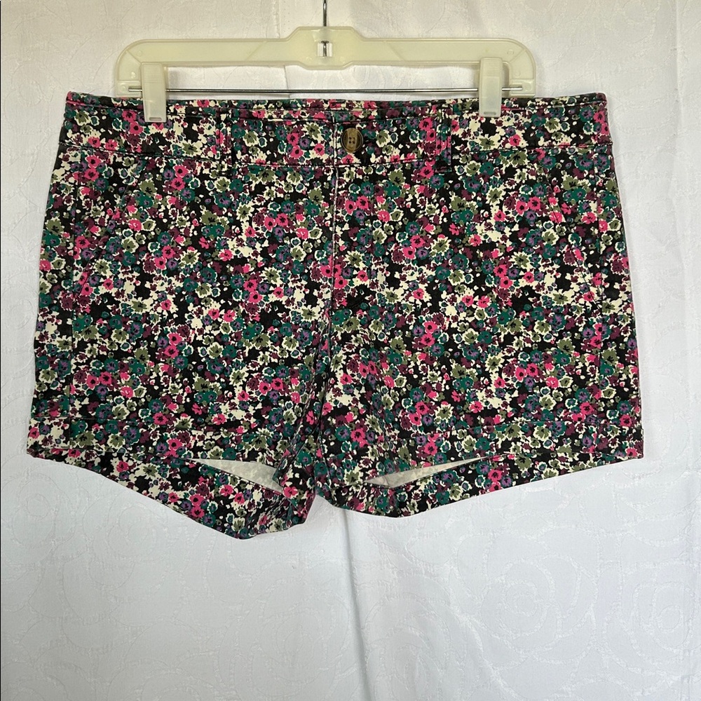 American Eagle Outfitters Midi Floral Print Jean Shorts in Pink Green Black Sz14